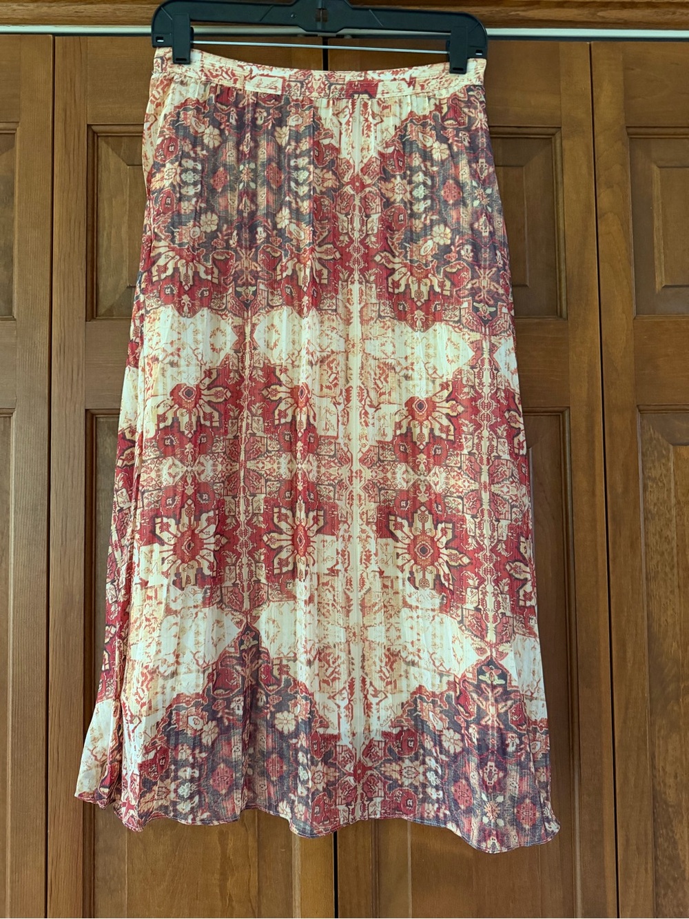 Anthropologie Red and Cream Boho Floral Pleated Maxi Skirt